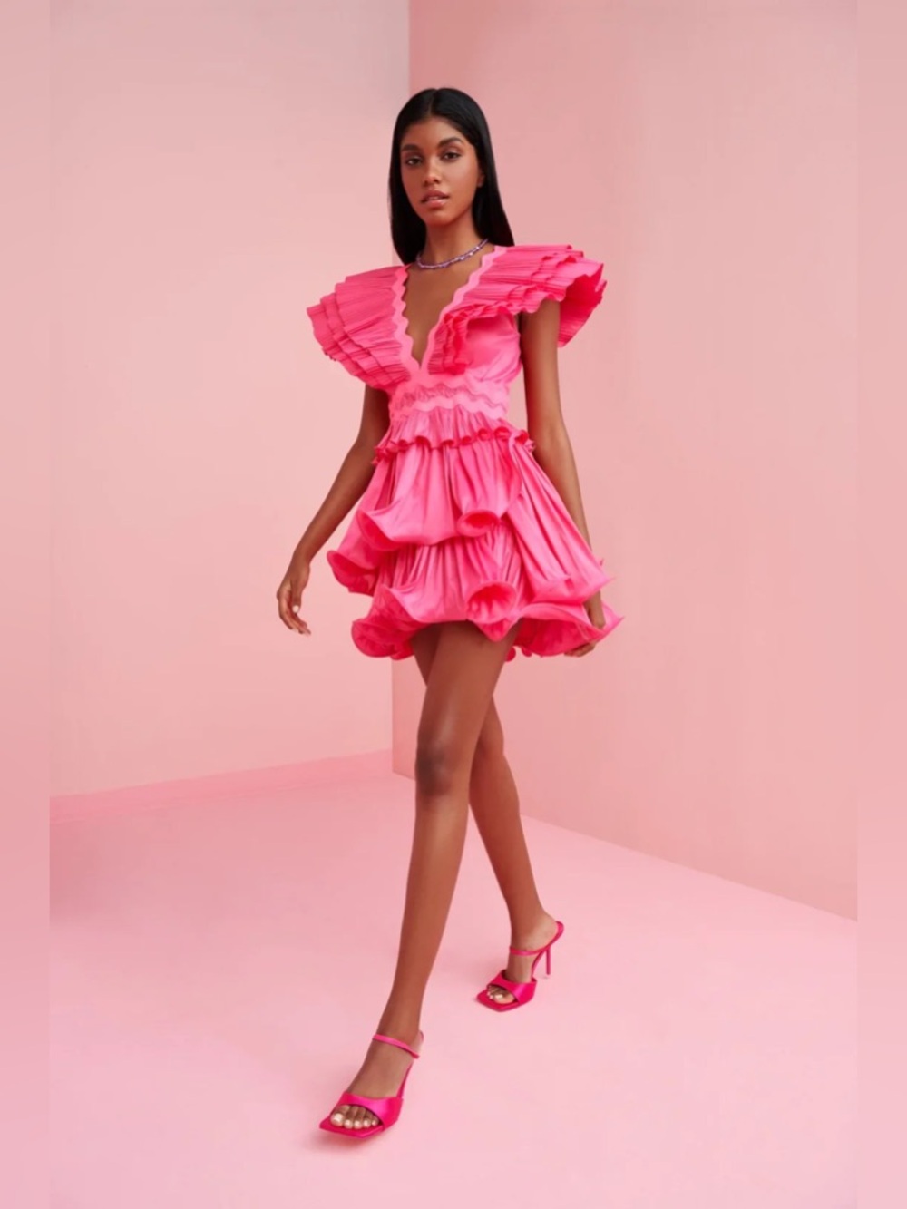 Celia B Prisma Ruffled V-Neck Mini Dress in Hot Pink